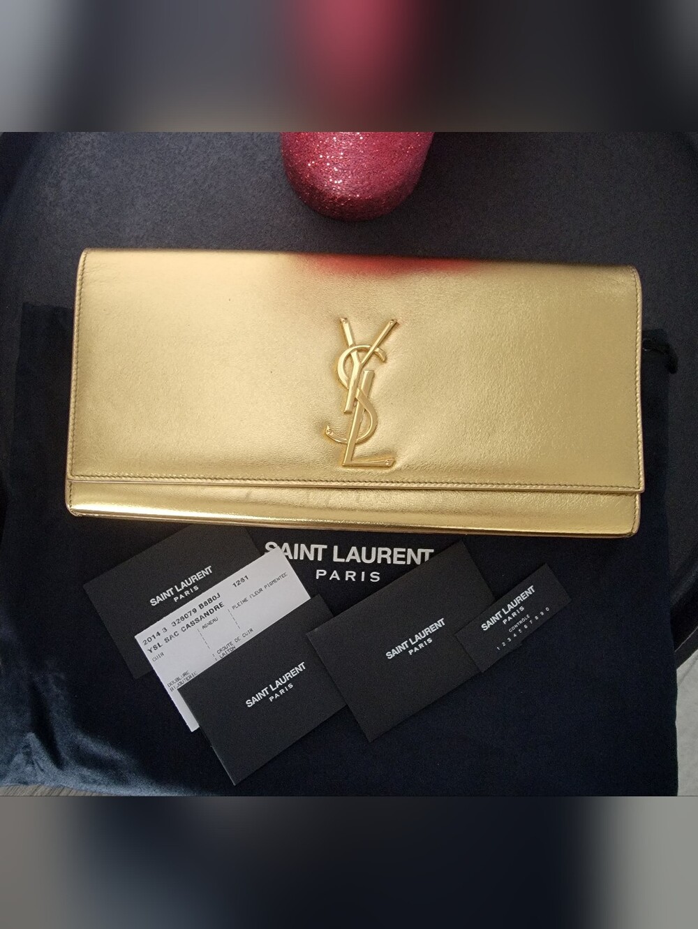 Saint Laurent Cassandre Flap Clutch Metallic Gold Full Set